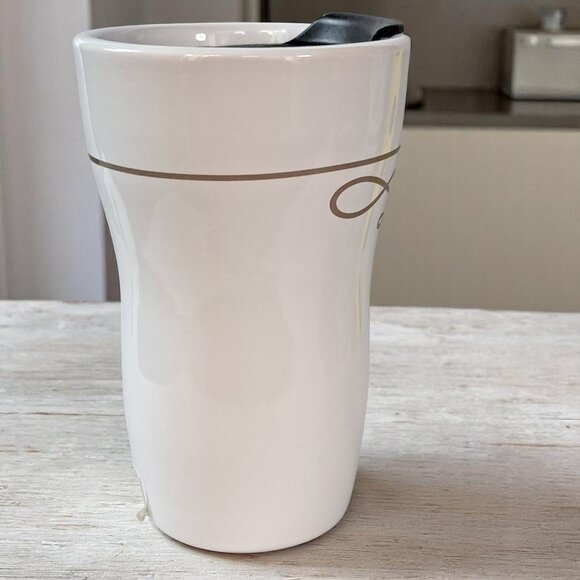 Starbucks 9 oz White Scroll Ceramic Travel Coffee Drink Tumbler Mug 2016 - Picture 3 of 8